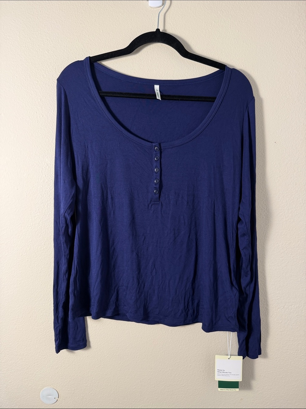 Halara Ribbed Henley Neck Long Sleeve Slim Casual T-Shirt in Navy Blue Size XL